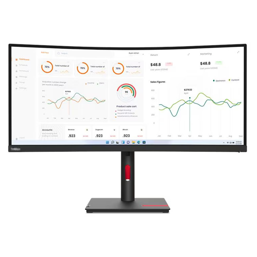Lenovo ThinkVision T34w-30 Monitor, 34" WQHD (3440x1440) Curved VA display, Anti-glare, 60Hz, Ethernet, Raven Black
