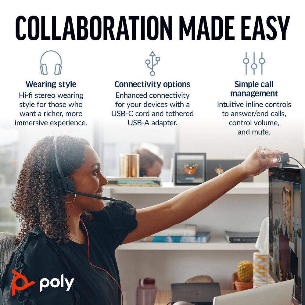POLY BLACKWIRE 3220 USB-C HEADSET WITH USB-C TO USB-A ADAPTER, NOISE CANCELING MICROPHONE 8C228AA - Image 2